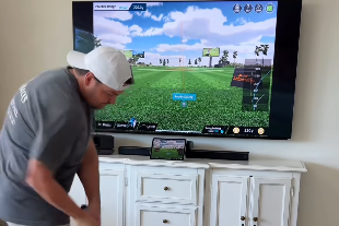 PHIGOLF home golf simulator review featuring the PHIGOLF 2 FLEX motion sensor, indoor golf practice, realistic golf swing tracking, and living room golf gameplay.